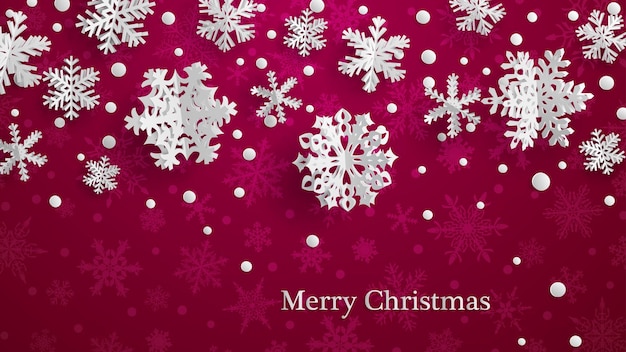 Christmas illustration with white three-dimensional paper snowflakes on crimson background