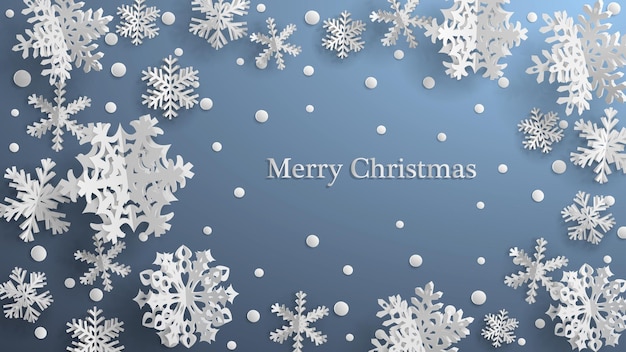 Christmas illustration with white three-dimensional paper snowflakes on gray background