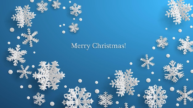 Christmas illustration with white three-dimensional paper snowflakes on light blue background