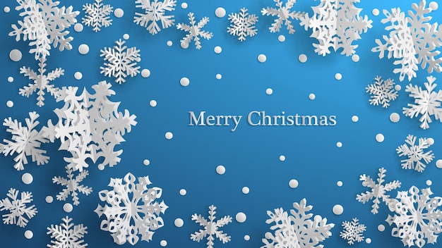 Christmas illustration with white three-dimensional paper snowflakes on light blue background