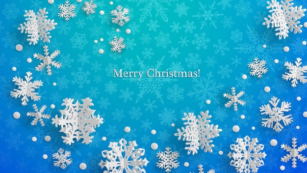 Christmas illustration with white three-dimensional paper snowflakes on light blue background