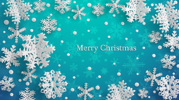 Christmas illustration with white three-dimensional paper snowflakes on light blue background