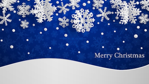 Christmas illustration with white threedimensional paper snowflakes on blue background with snowdrifts