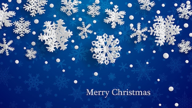 Christmas illustration with white threedimensional paper snowflakes on blue background