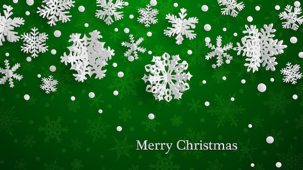 Christmas illustration with white threedimensional paper snowflakes on green background