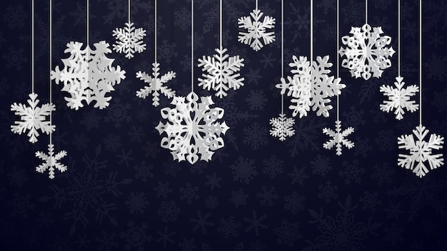 Christmas illustration with white threedimensional paper snowflakes hanging on black background