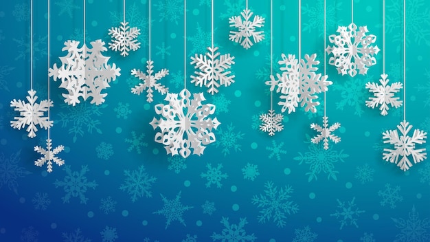 Christmas illustration with white threedimensional paper snowflakes hanging on light blue background