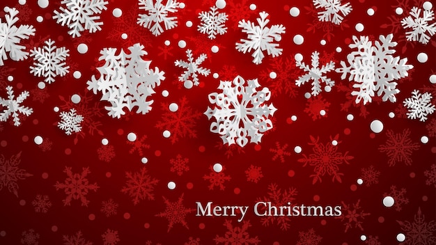 Christmas illustration with white threedimensional paper snowflakes on red background