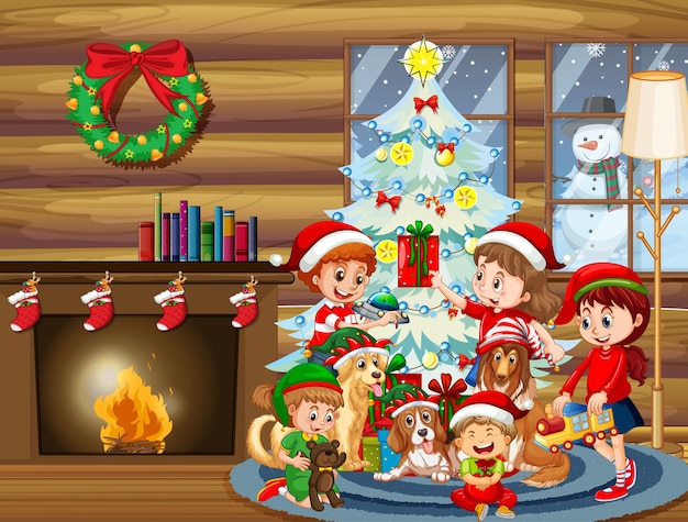 Christmas indoor scene with many children and cute dogs