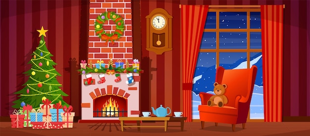 Christmas interior of the living room with a Christmas tree, gifts and a fireplace. Vector illustration