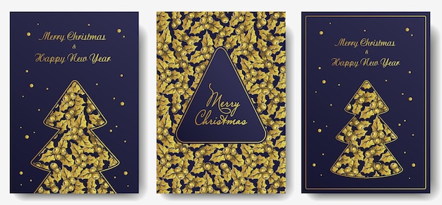 Christmas invitation or postcard with holly for new year holiday Winter holly for design