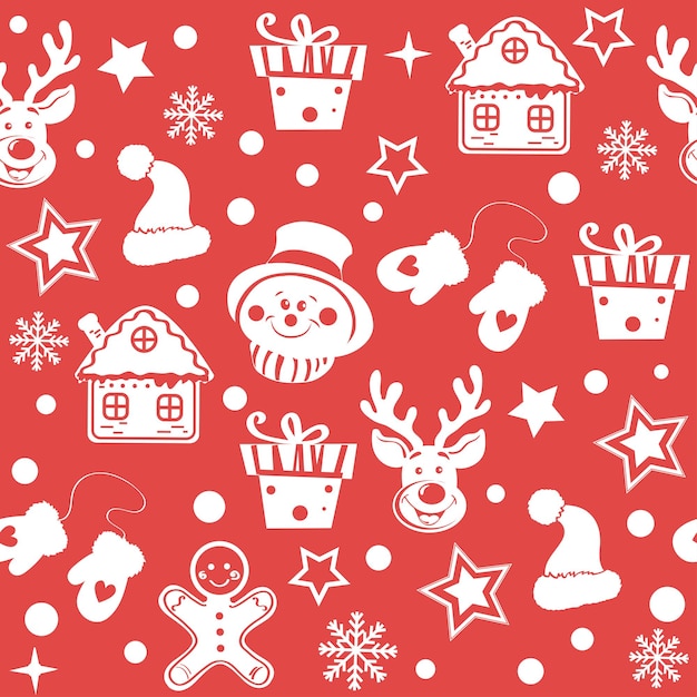 christmas items snowman deer house on a red background seamless pattern