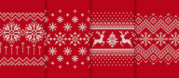 Christmas knit prints. Seamless pattern. Red knitted borders. Sweater winter textures. Festive crochet.