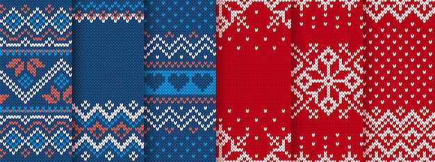 Christmas knitted seamless patterns Blue and red knit border Sweater texture Fair isle traditional backgrounds