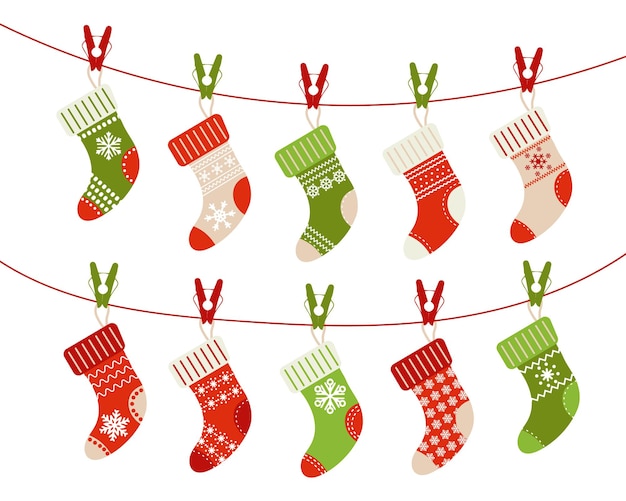 Christmas knitted socks with an ornament of snowflakes on ropes with clothespins. Illustration