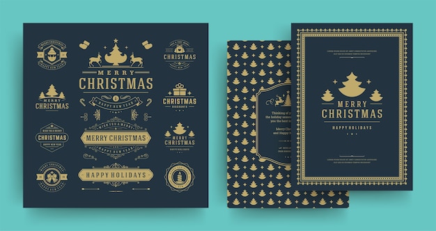 Christmas labels and badges design elements set with greeting card and happy new year wishes