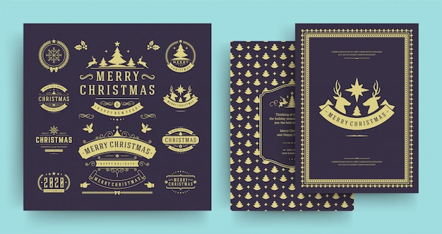 Christmas labels and badges elements set with greeting card template.