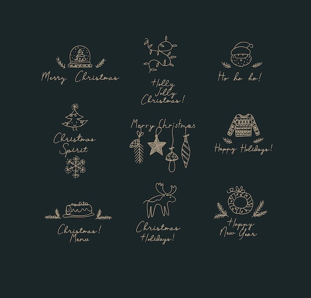 Christmas labels with lettering drawing in hand sketch style on dark background