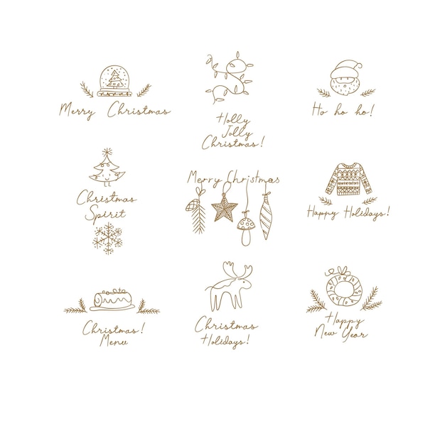 Christmas labels with lettering drawing in hand sketch style on light background