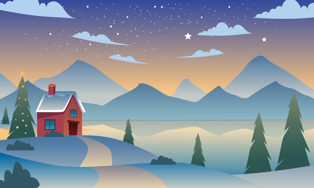 Christmas Landscape Background Illustration, Christmas Card Design. Vector