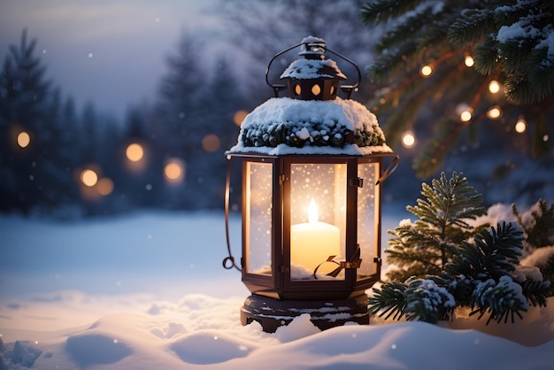 Christmas lantern and fir tree branches in snowy garden winter nature background magic atmosphere