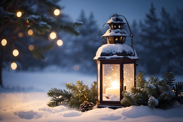 Christmas lantern and fir tree branches in snowy garden winter nature background magic atmosphere