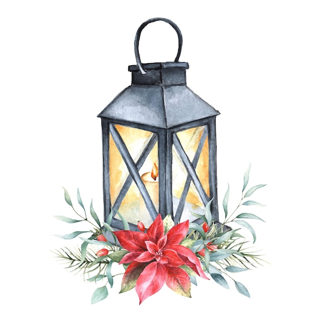 Christmas Lantern with Poinsettia Watercolor Illustration