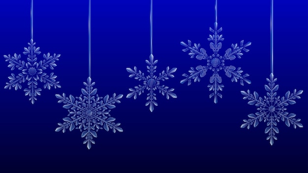 Christmas large complex translucent hanging snowflakes on blue background