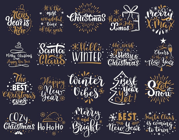 Christmas lettering. Happy New Year and Merry Christmas greeting lettering phrases vector illustration set. Hand drawn xmas lettering badges