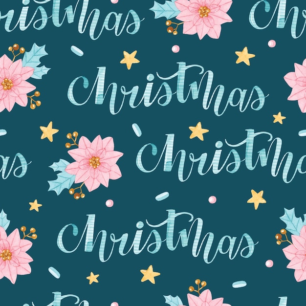 Christmas lettering with pink poinsettia watercolor seamless pattern on dark background