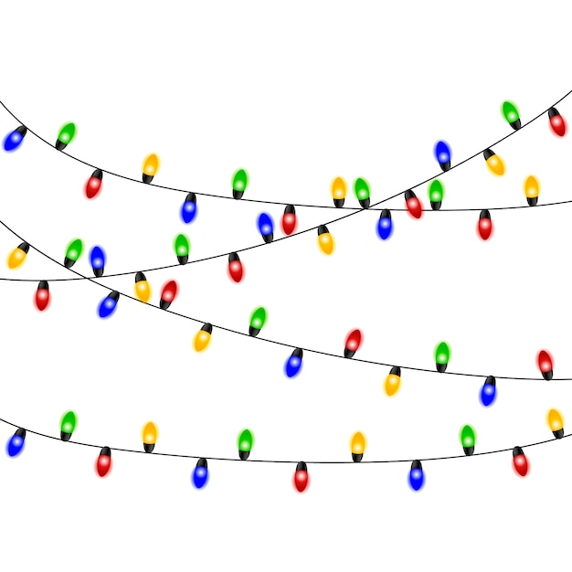 Christmas lights. Colorful Xmas garland. Vector red, yellow, blue and green glow light bulbs on wire strings isolated. Christmas decorations