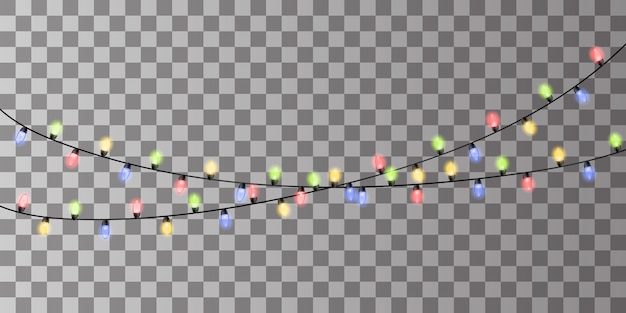 Christmas lights. Colorful Xmas garland. Vector red, yellow, blue and green glow light bulbs on wire strings isolated. Christmas decorations