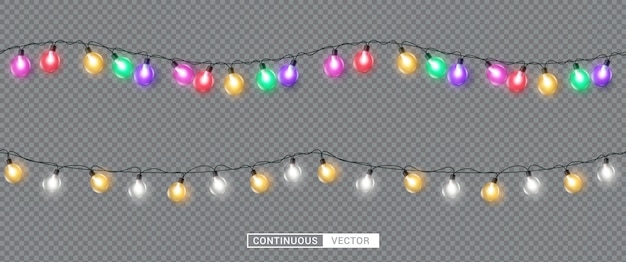 Christmas lights continuous vector set design. Seamless colorful xmas garland collection