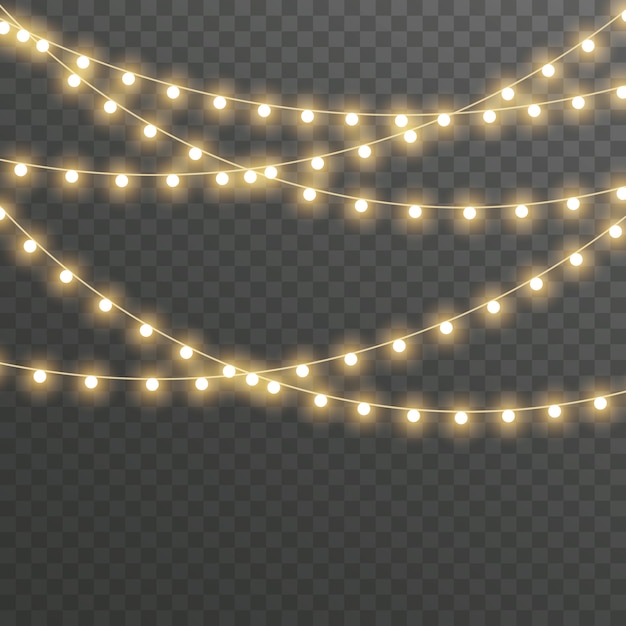 Christmas lights, garland on transparent. 