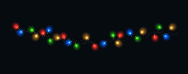 Vector christmas lights isolated colorful xmas garland vector glowing light bulbs on wire strings