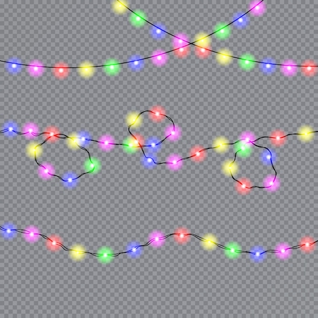 Christmas lights isolated realistic design elements. Glowing lights for Xmas Holiday cards, banners, posters, web design. Garlands decorations. Vector illustration.