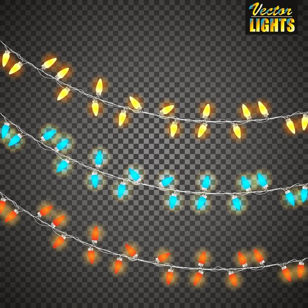 Christmas lights isolated on transparent background Set of golden xmas glowing garland Vector illustration