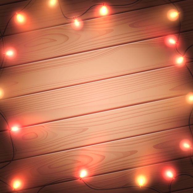 Christmas lights isolated on wood background. Colorful bright Xmas garland. Vector template