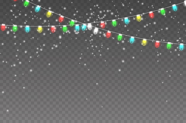 Christmas lights, Snowy background with light garlands, falling snow, snowflakes