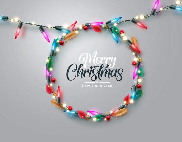 Christmas lights vector background design. Merry christmas greeting text with glowing and sparkling