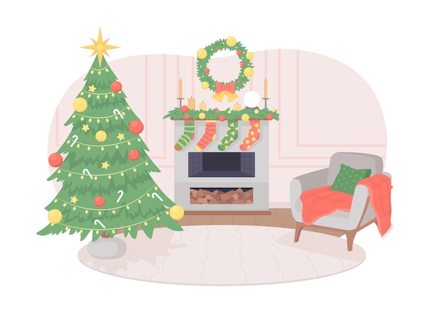 Christmas living room decor 2D vector isolated illustration