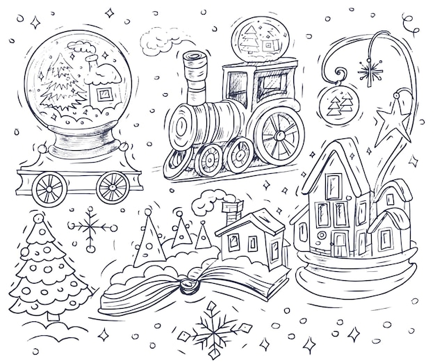 Christmas locomotive coloring book for children holiday sketch doodle set of individual elements