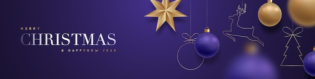 Christmas luxury banner design with hanging golden and dark purple balls