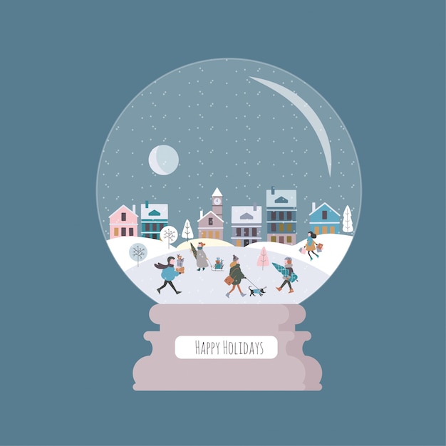 Christmas magic ball with winter city and people