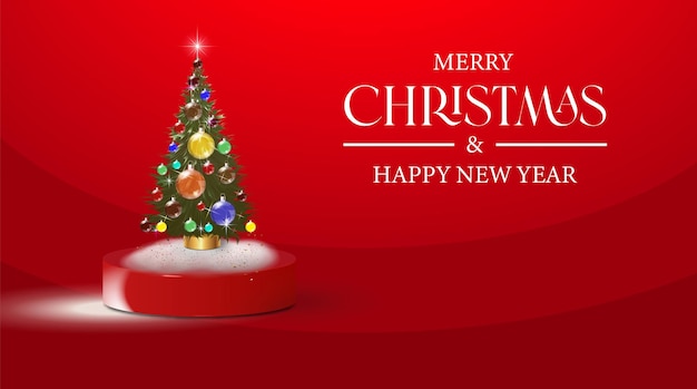 A Christmas magic tree on a pedestal decorated with sequins and glass balls an empty template Festive New Year's Christmas realistic 3D design with congratulations in red background