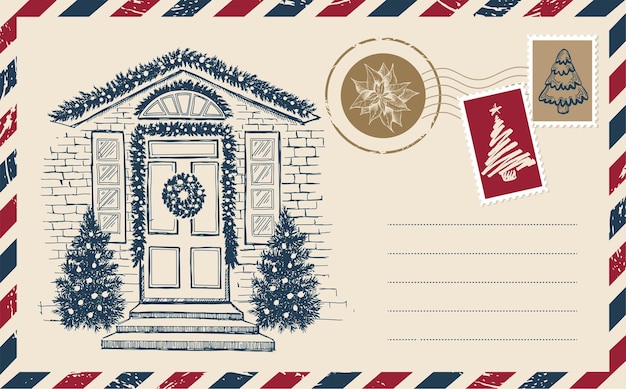 Christmas mail, postcard, hand drawn illustration.