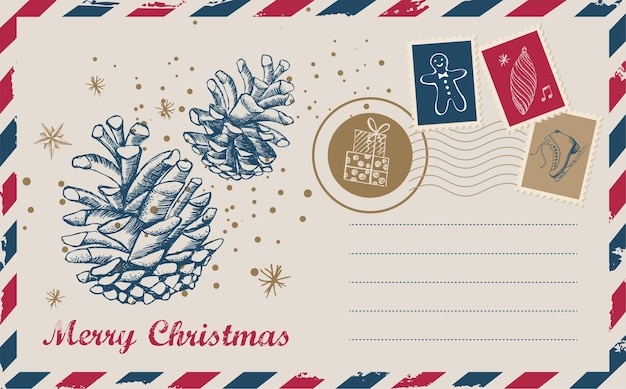 Christmas mail, postcard, hand drawn illustration.