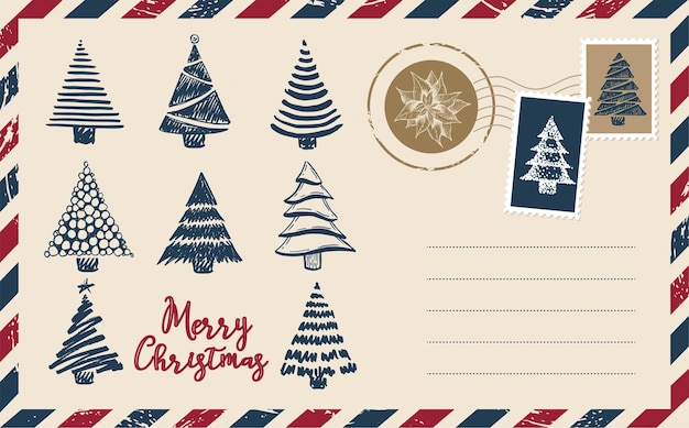 Christmas mail, postcard, hand drawn illustration.