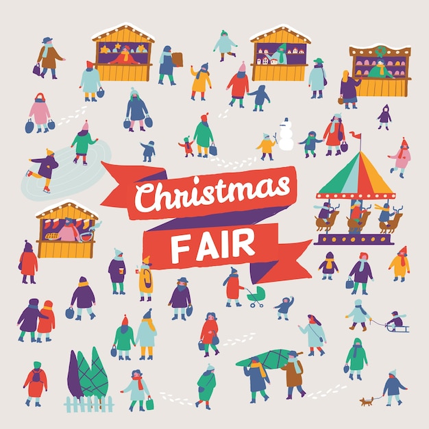 Christmas market or holiday fair Outdoor festival stand Crowd of happy people in warm clothes i