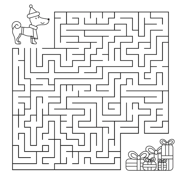 Christmas maze for children, funny dog looking for gifts. Coloring page.